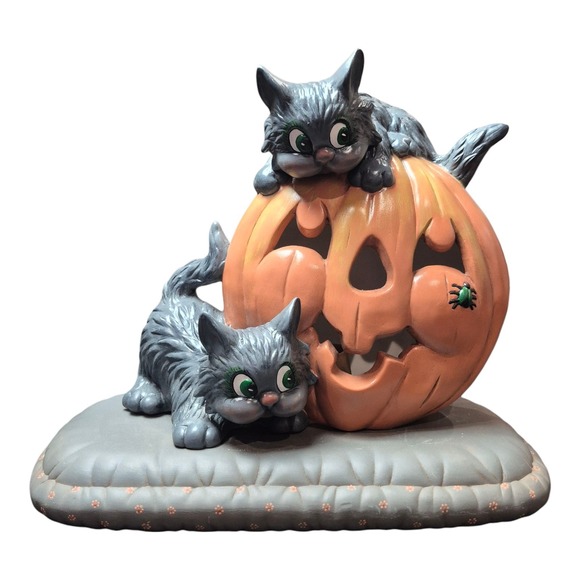 VTG 1970s Halloween Cat Light Up Pumpkin Jack-O-Lantern Ceramic Lamp 10.25" - Picture 2 of 6